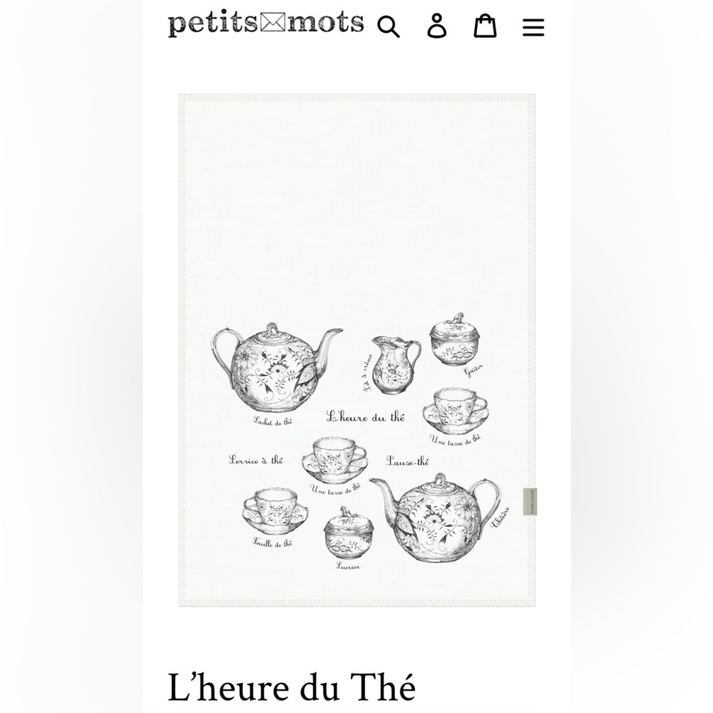 NIB Petits Mots Tea Towel (L’heure du Thé ) Made in Canada
